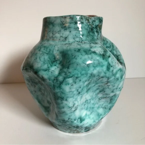 Vintage MCM Made in Italy pottery vase marbled aqua pinched organic midcentury - Picture 4 of 12